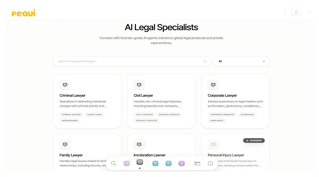 Painel do Pequi Enterprise com especialistas jurídicos de IA, pesquisa e cartões de especialidades